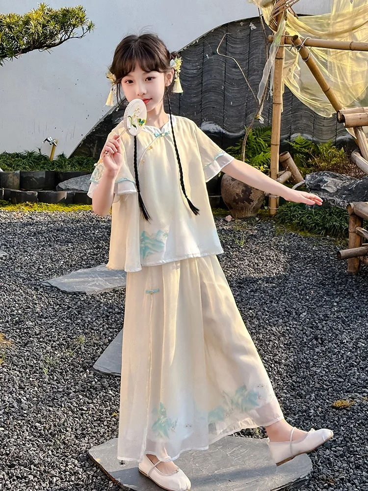 女の子用サマーアイスシルクコットン半袖レトロハーフスカートセット、カジュアルストライプ柄ワンピースとトップスのキッズ向けアンサンブル