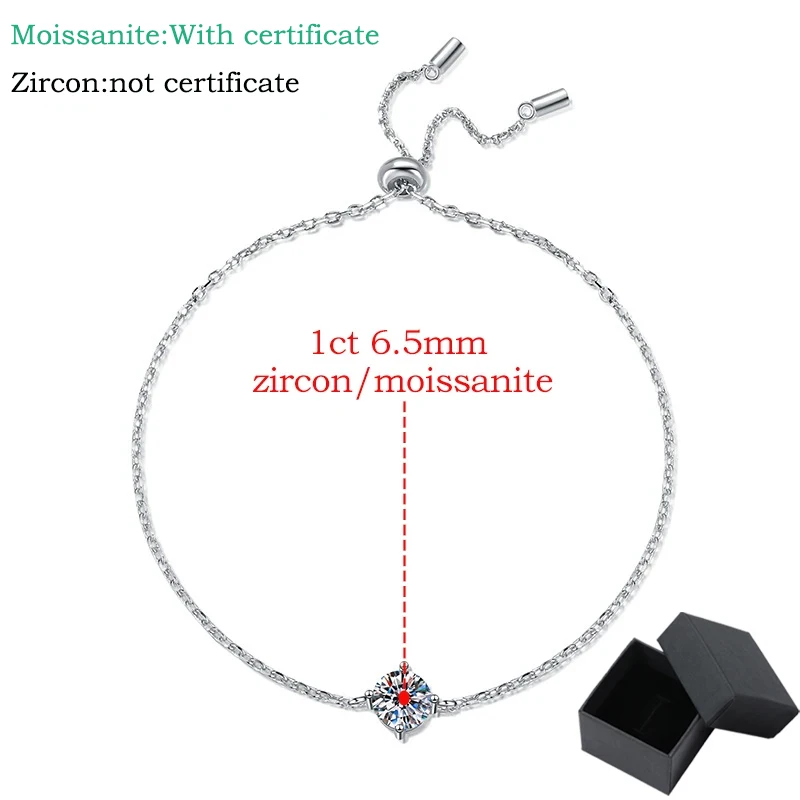 Smyoue, 1CT, 6,5mm, pulseras de circón/moissanita para mujer, cadena ajustable clásica, diamante de laboratorio, joyería de 100% Plata de Ley 925