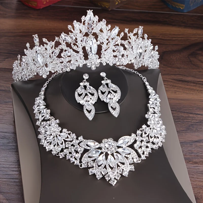 

Набор из 3 предметов: колье, серьги и корона с кристаллами, свадебный комплект украшений с камнями, аксессуары для волос для невесты, свадебная корона-тиара