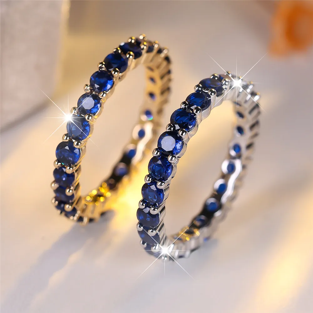 Blue Crystal Single Row Round Stone Rings For Women Vintage Trendy Gold Silver Color Wedding Band Bridal Jewelry Engagement Gift