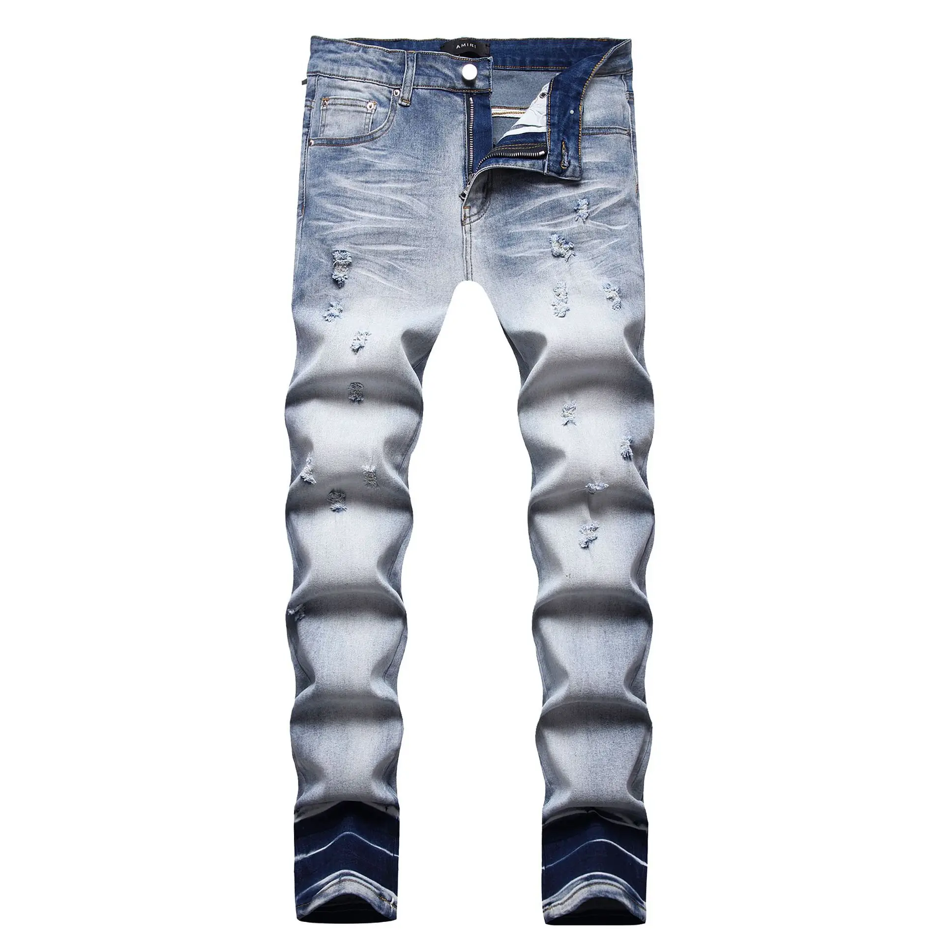 

2023 Men's slim new ripped jeans Men's elastic light blue small feet denim pants High quality jeans suitable for all seasons