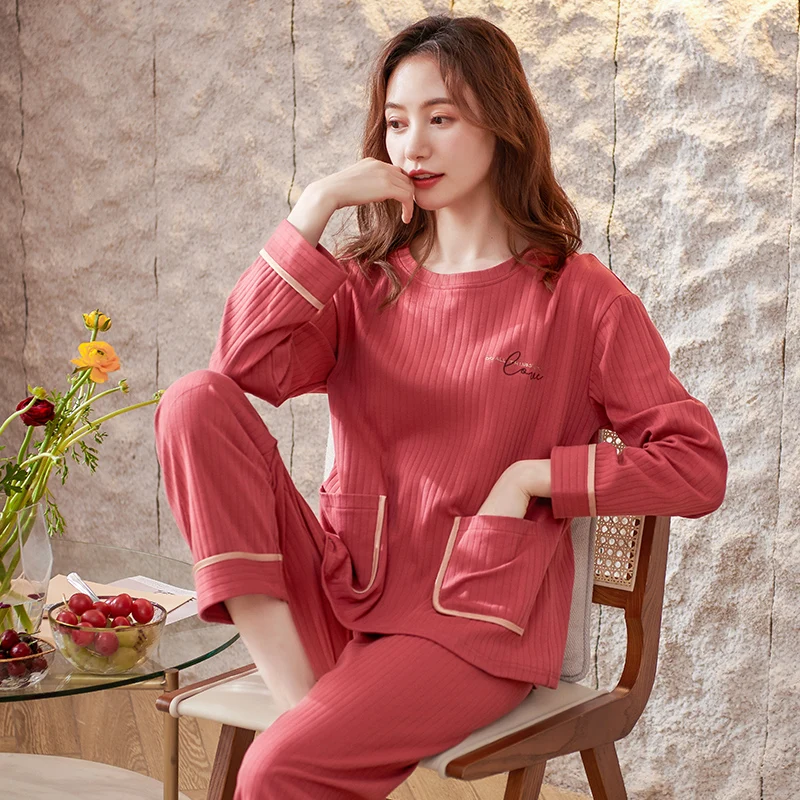 Woman Pajamas Sets Autumn Long Sleeve Soft Cotton Pyjamas Young Girls Home Clothing Female Solid Color Loose Christmas Sleepwear