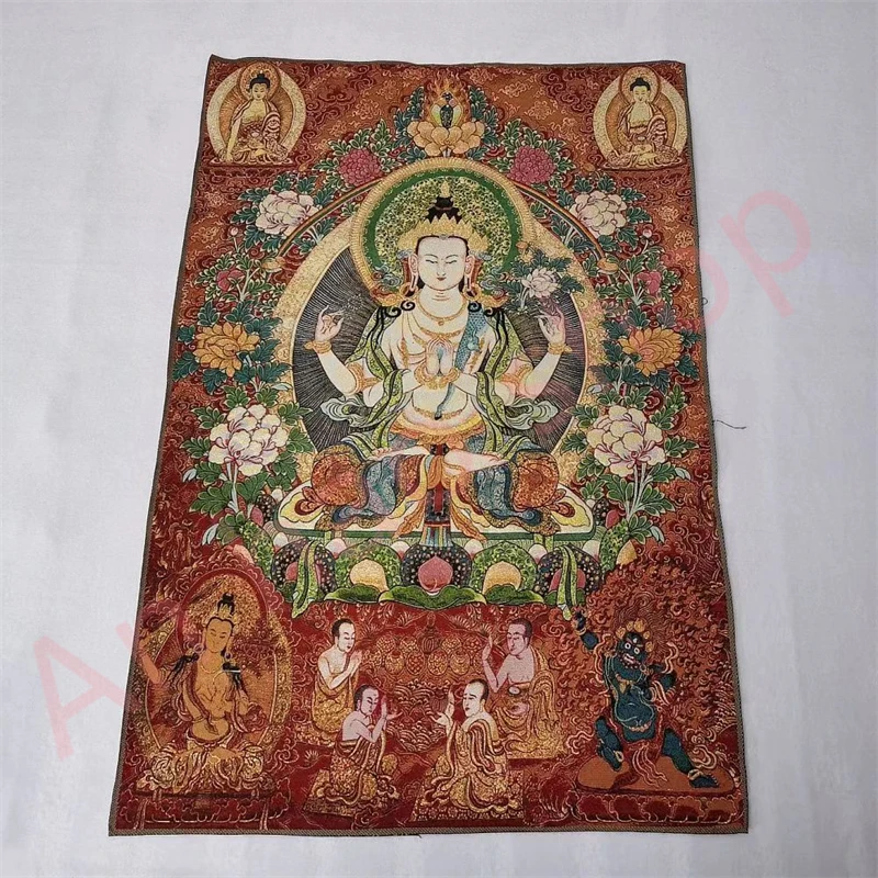 

Religious Thangka, embroidered brocade painting, four-arm Guanyin, exquisite home decoration, auspicious decoration