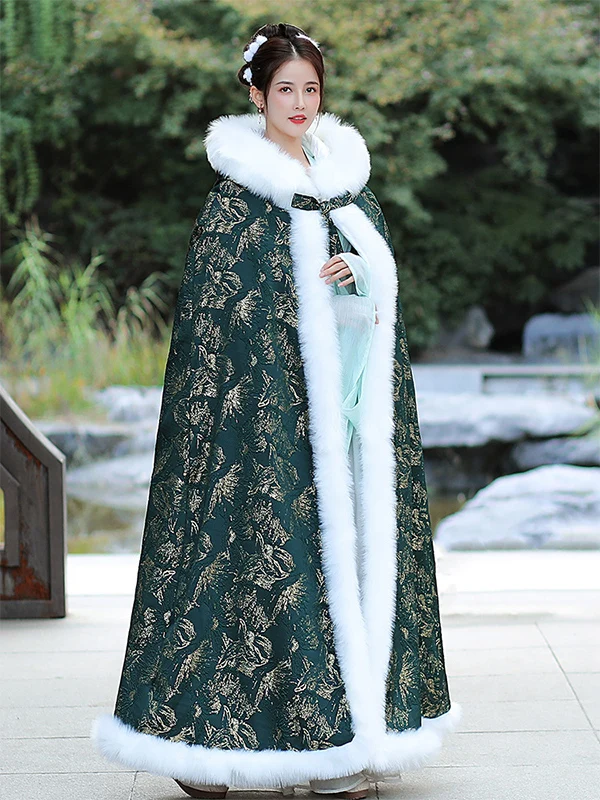 thiened-winter-coat-women's-sle-fur-collar-warmth-windproof-long-rectangle-polyester-fiber-belted-chinese-floral-pattern