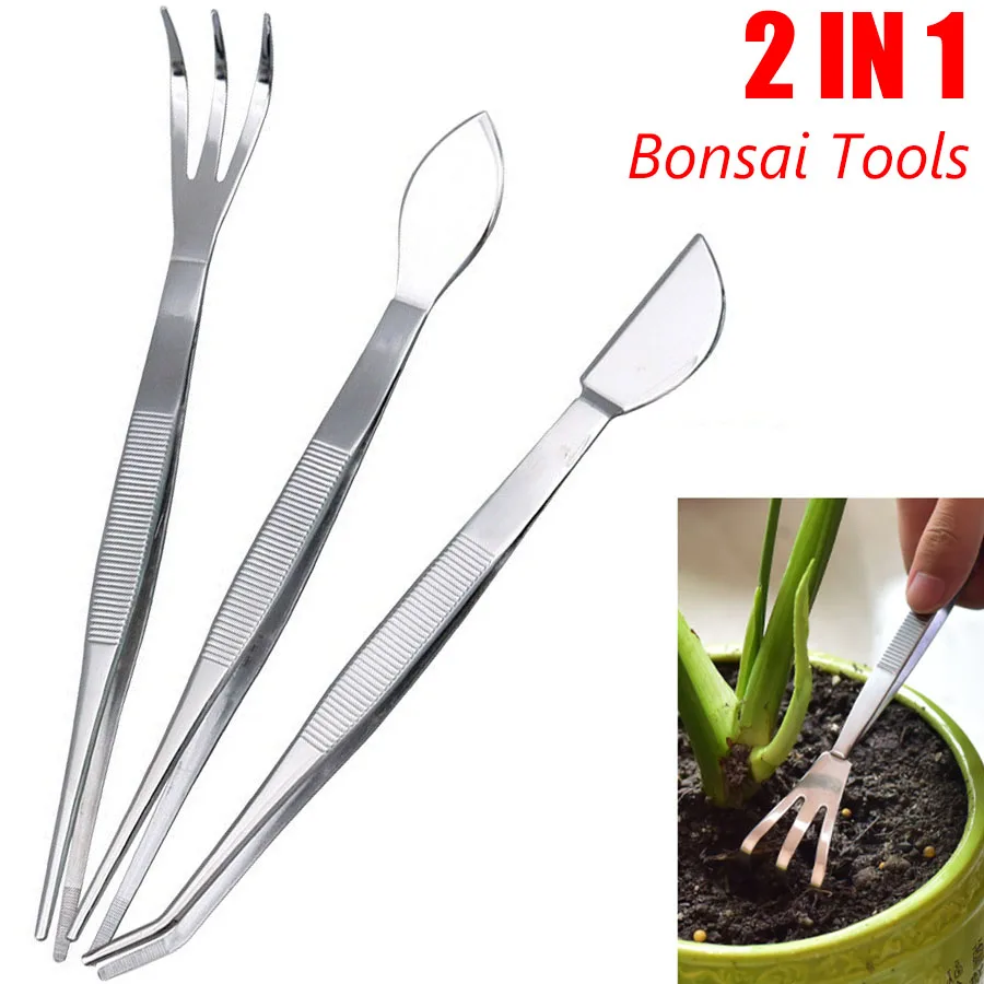 2-in-1 304 Stainless Steel Professional Root Rake with Bonsai Tweezers Soil Farming Tool Fleshy Tweezers for Succulents Crafting