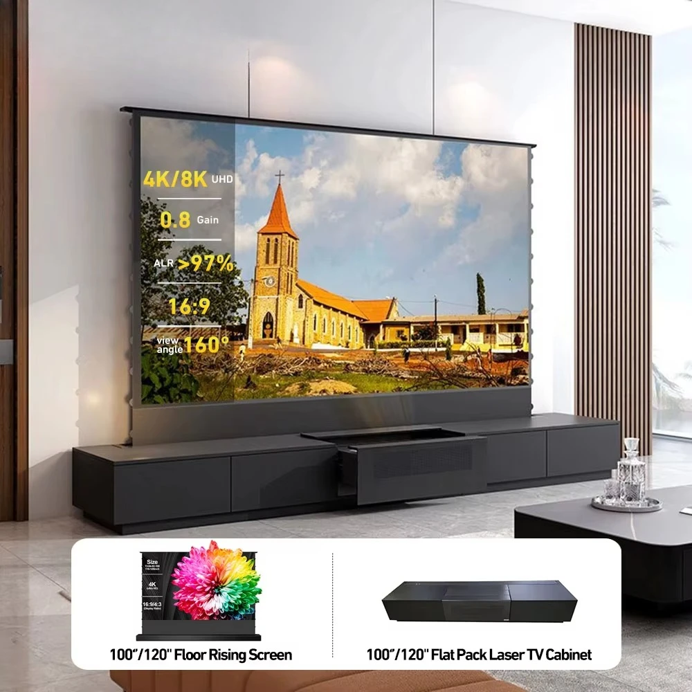 New Beauty Ingredients 120-inch CBSP Electric Floor Rising Projector Screen Integrated Cabinet Laser Tv Cabinet Modern