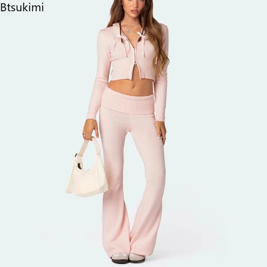

Spring Autumn Hooded Sweatshirt+High Waist Slim Trumpet Pants Outfits Women Solid Zip Long Sleeve Top Flared Pants Two Piece Set