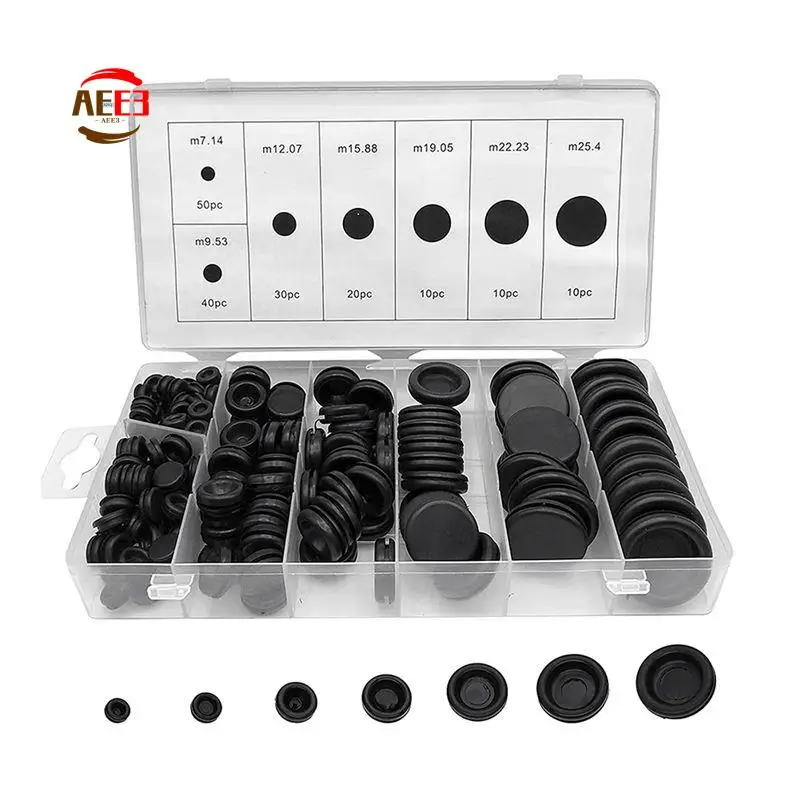 AEE3-170Pcs 7 Sizes Rubber Grommet Assortment Kit, Firewall Hole Plug Set Electrical Wire Gasket Solid Hole Plugs Set