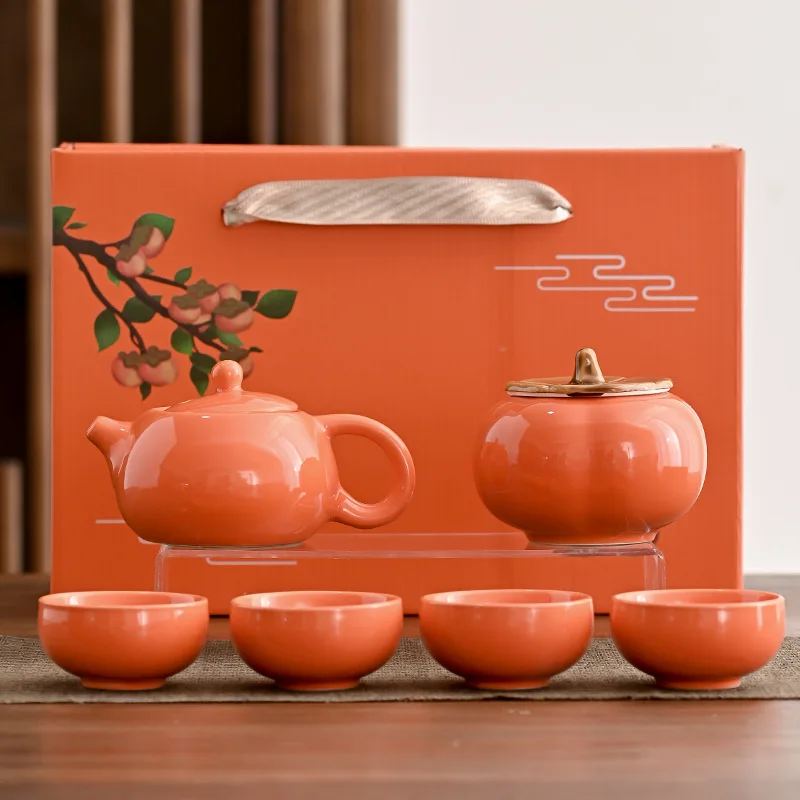 Ruyi Tea Persimmon Teapot Teacup Box Souvenir Custom Complete Ceramic Gift Set