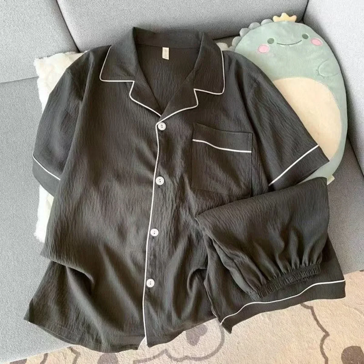 Youth Men's Slim Fit New Pajama Set Solid Color Short Sleeve Lapel Top and Elastic Shorts Pajamas Summer Loungewear Sleepwear