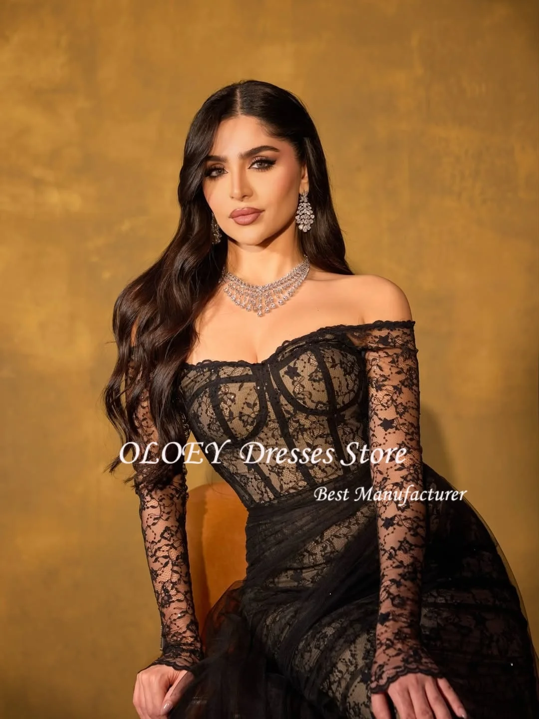 OLOEY Czarne Koronkowe Sukienki Wieczorowe Seksowna Czarna Sukienka Syrena z Gorsetem na Wesele, Sukienka na Przyjęcie, Długa Suknia Balowa z Długim Rękawem na Zamówienie, Vestidos