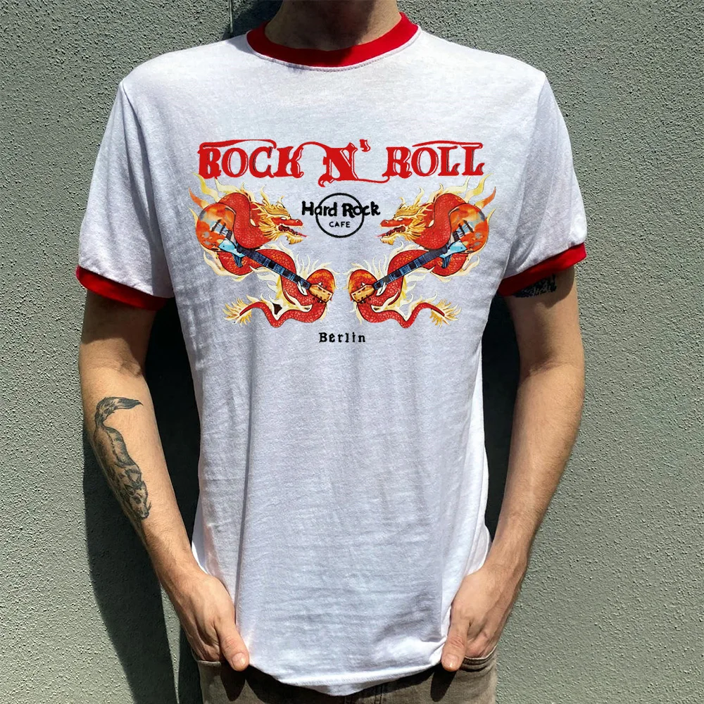 Rock and Roll Dragon Play The Guitar Graphic Ringer Tees Short Sleeve Pure Cotton Cool Tops Unisex Men Women Vintage T Shirts