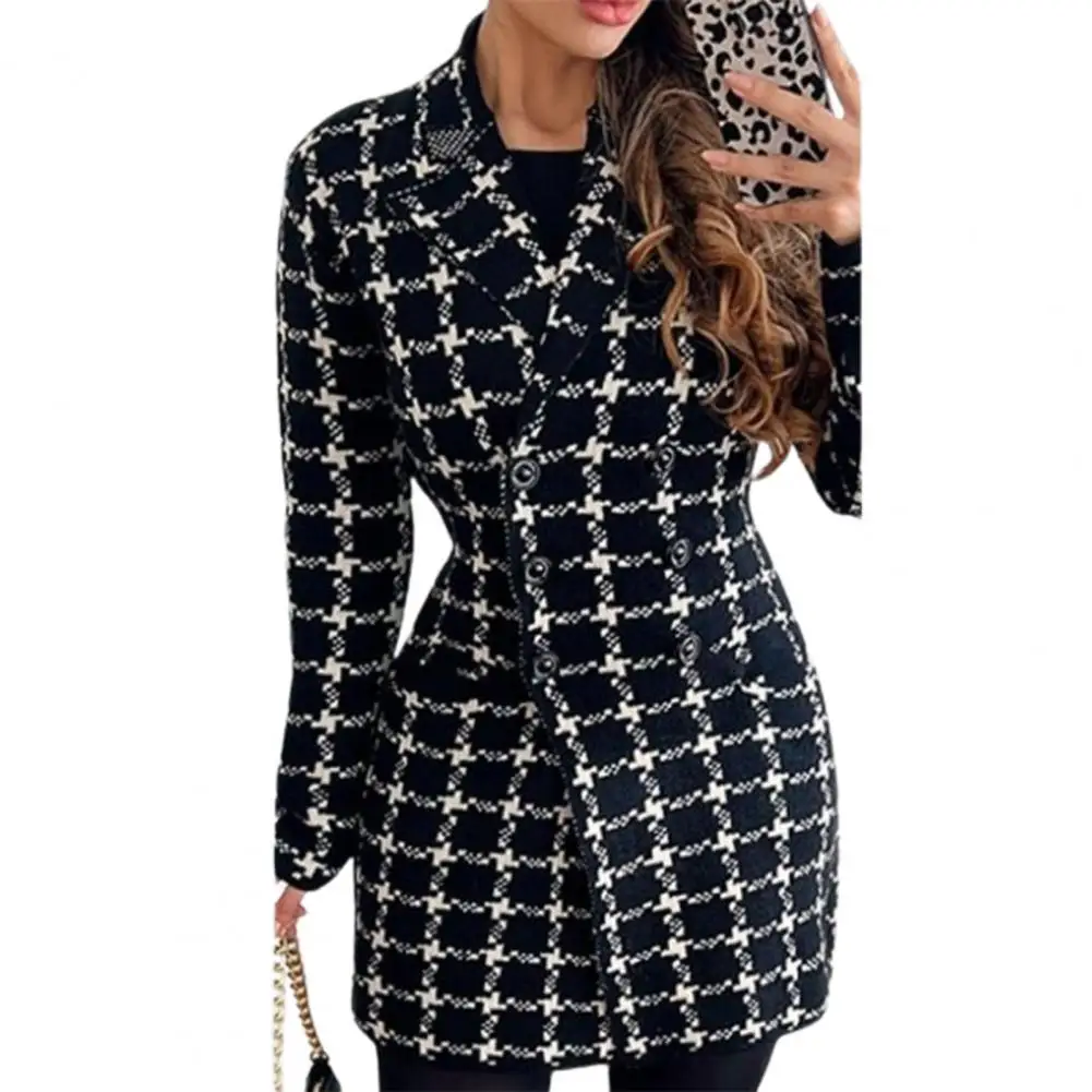 

Fall Women Suit Coat Double-breasted Buttons Cardigan Plaid Print Lapel Long Sleeve Slim Formal Business Style Commute Jacket