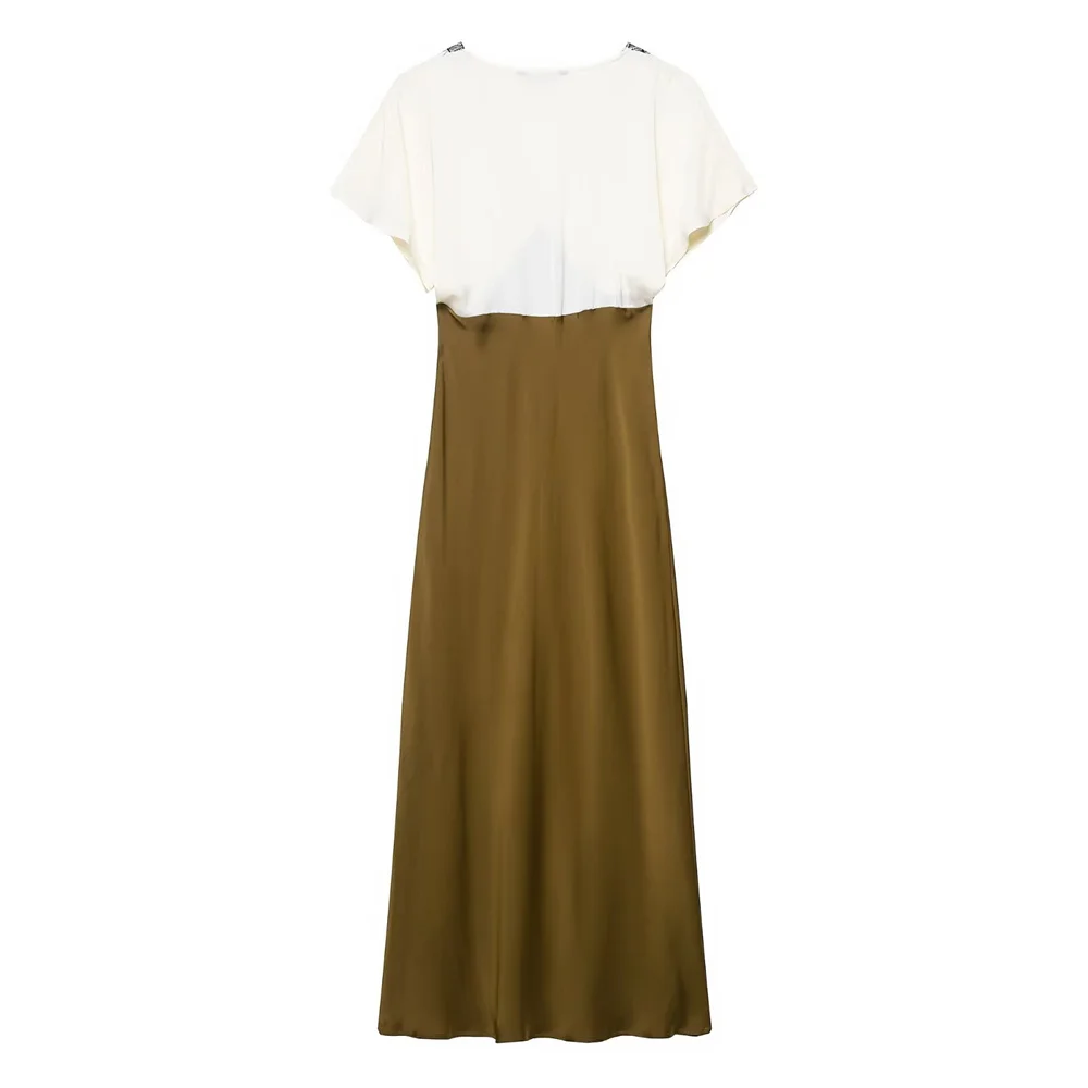 الخريف الملابس النسائية الجديدة أنيقة نمط المتناقضة الدانتيل الساتان الملمس قصيرة الأكمام الخامس الرقبة فستان ميدي #2