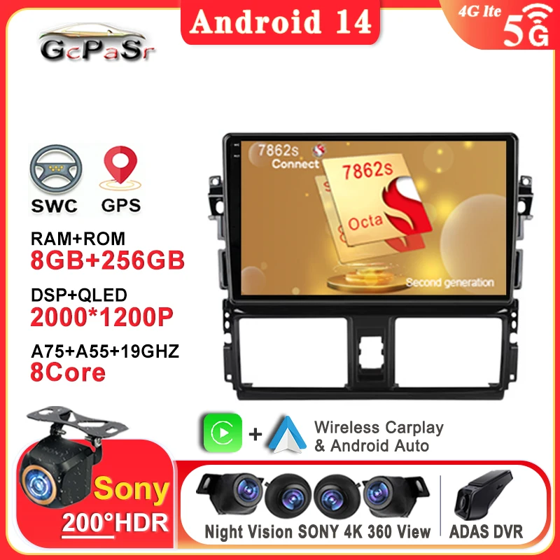 

Car Android 14 For Toyota Vios Yaris 2013 2014 2015 2016 Carplay Multimedia QLED Screen Navigation High-performance CPU GPS DVD