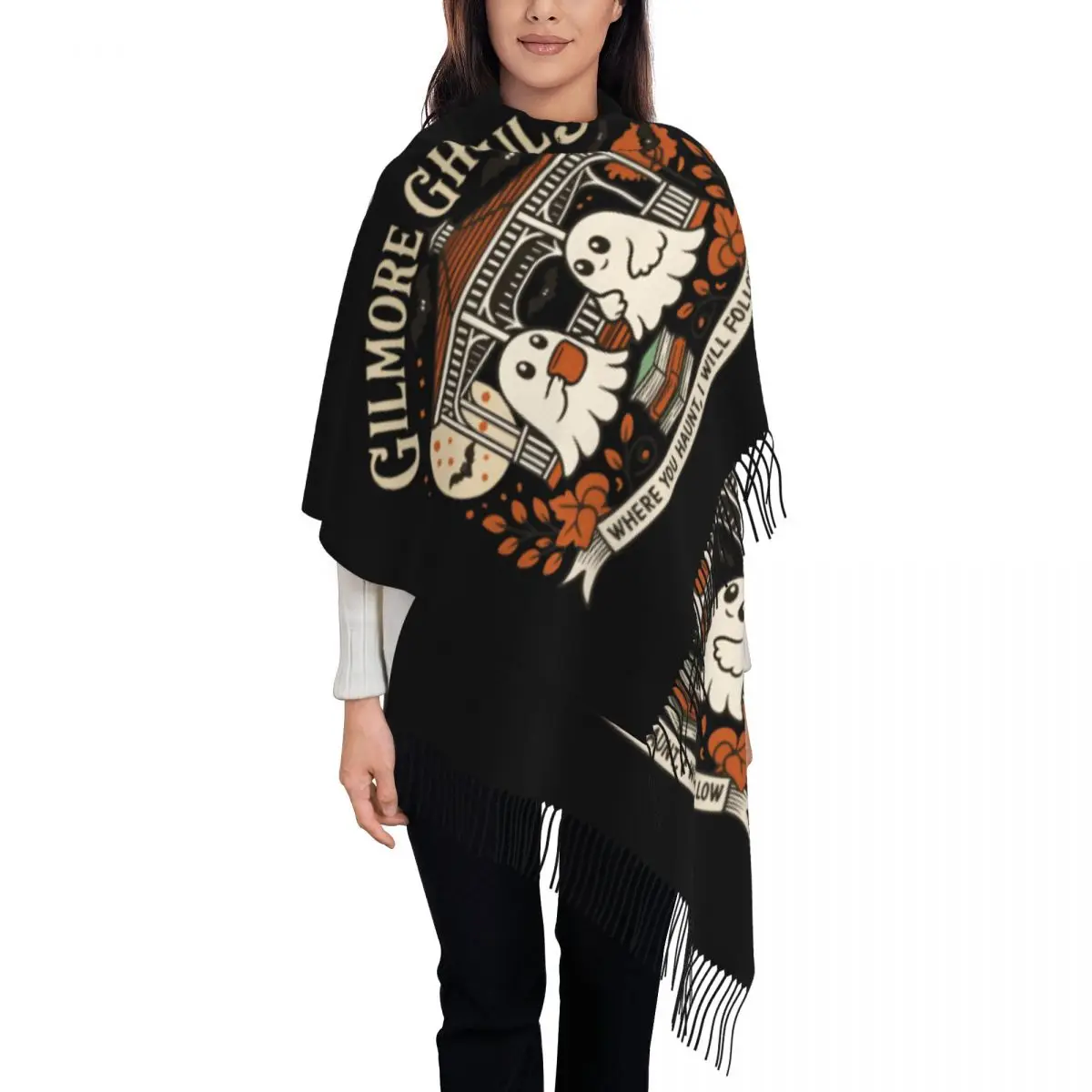 

Забавный шарф с кисточками Gilmore Ghouls на заказ, женские зимне-осенние теплые шали, женские шарфы с призраками на Хэллоуин