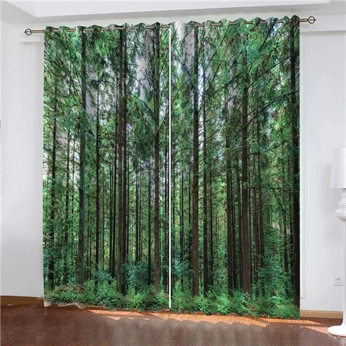 Natural Forest Green Tree Pattern Bedroom Living Room High Blackout Curtains Natural Scenery Thick Shading Drape New Curtain