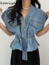 Double Pockets Denim Vest Coat 2024 Spring Summer V-neck Jackets Sleeveless Jacket Single Breasted Coats Tunic Ropa Mujer