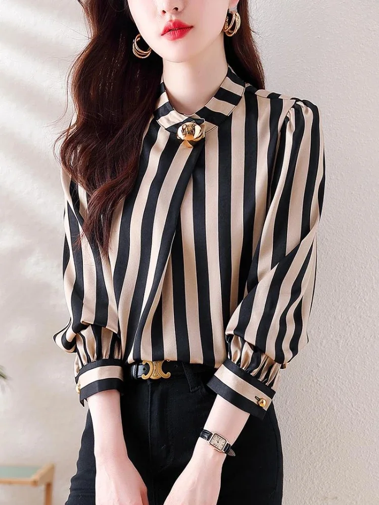 Chiffon Stripe Shirts for Women, Loose Vintage Blouses, O-Neck Clothing, Long Sleeves, Spring and Summer Fashion