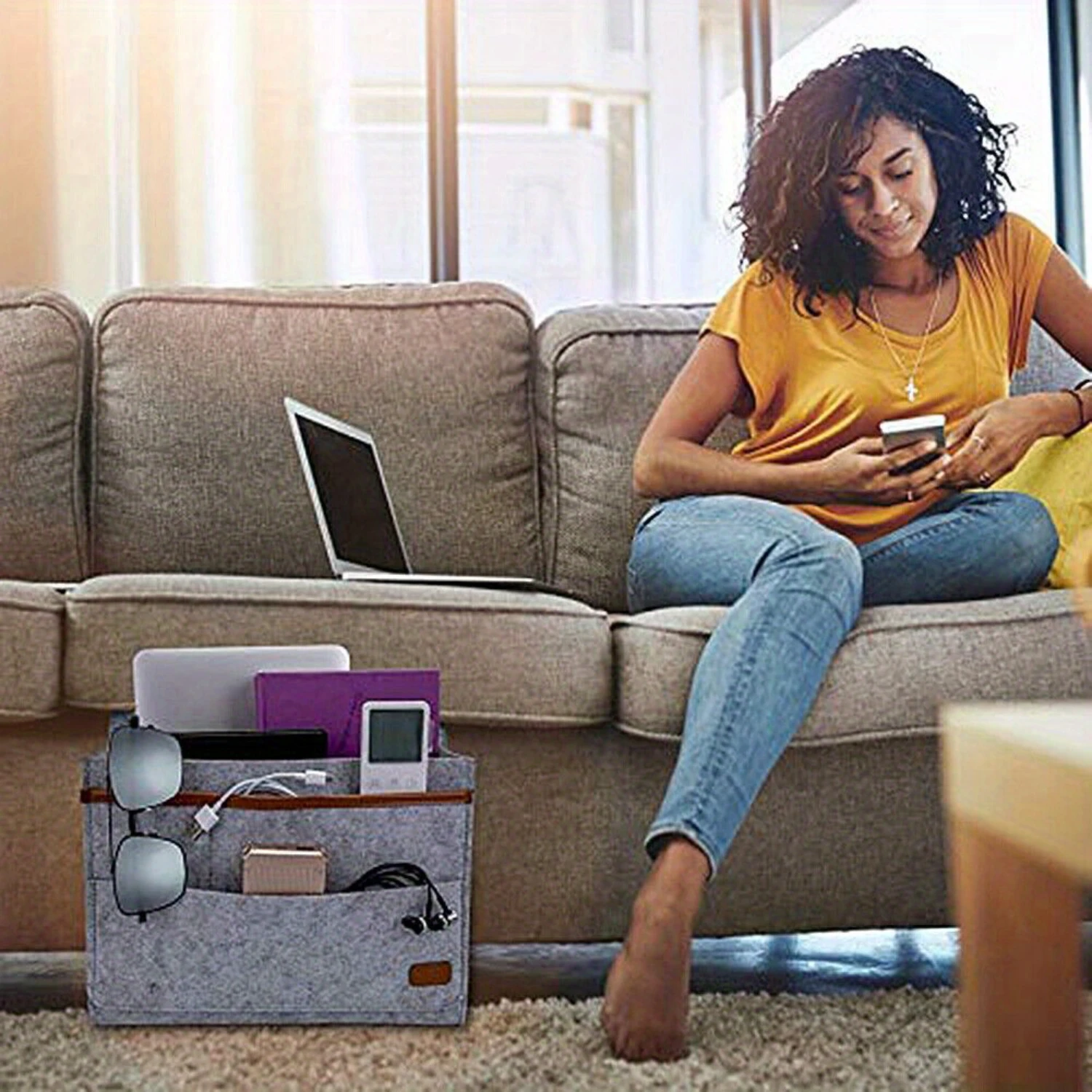 Bedside Caddy Organizer - Classic Fabric with 6 Pockets for Phone & Control - Sofa & Desk Accessory