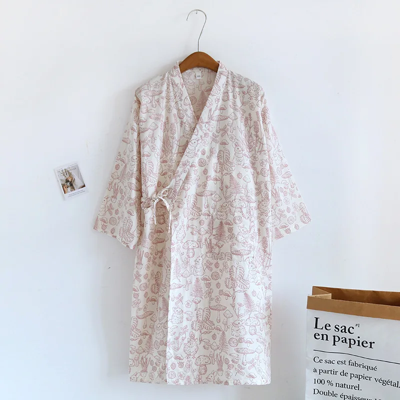 Summer Cotton Gauze Dressing Gown Japanese Kimono Robes Cute Quarter-sleeved Bathrobe Women V-neck Cartoon Print Night Gown