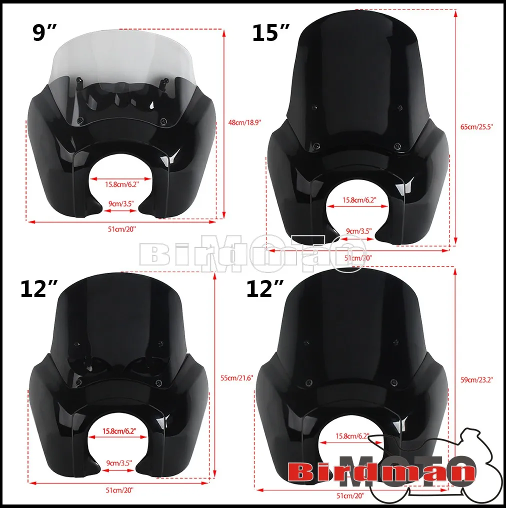 Motorcycle Headlight Fairing 9/12/15 Inch Windshield Screen For Harley Dyna Street Bob Low Rider Super Glide Softail 1987-1999