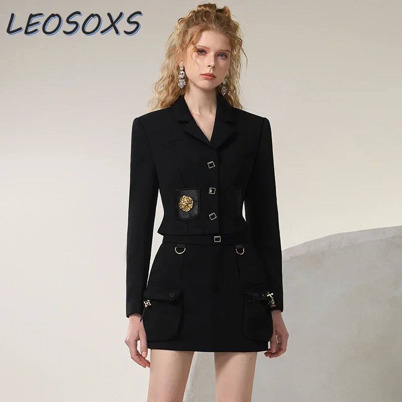 LEOSOXS Sweet Cool Suit Skirt Set Autumn New Heavy Industry Metal Short Coat Slimming Black Mini Skirt 2-piece Sets Women Outfit