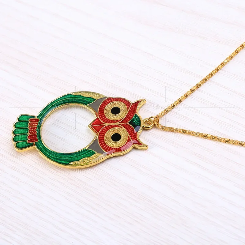 10X Cartoon Owl Mini Reading Magnifier Necklace Cute Magnifying Glass Metal Jewelry Loupe Decorative Chain Gift Pocket Lupa