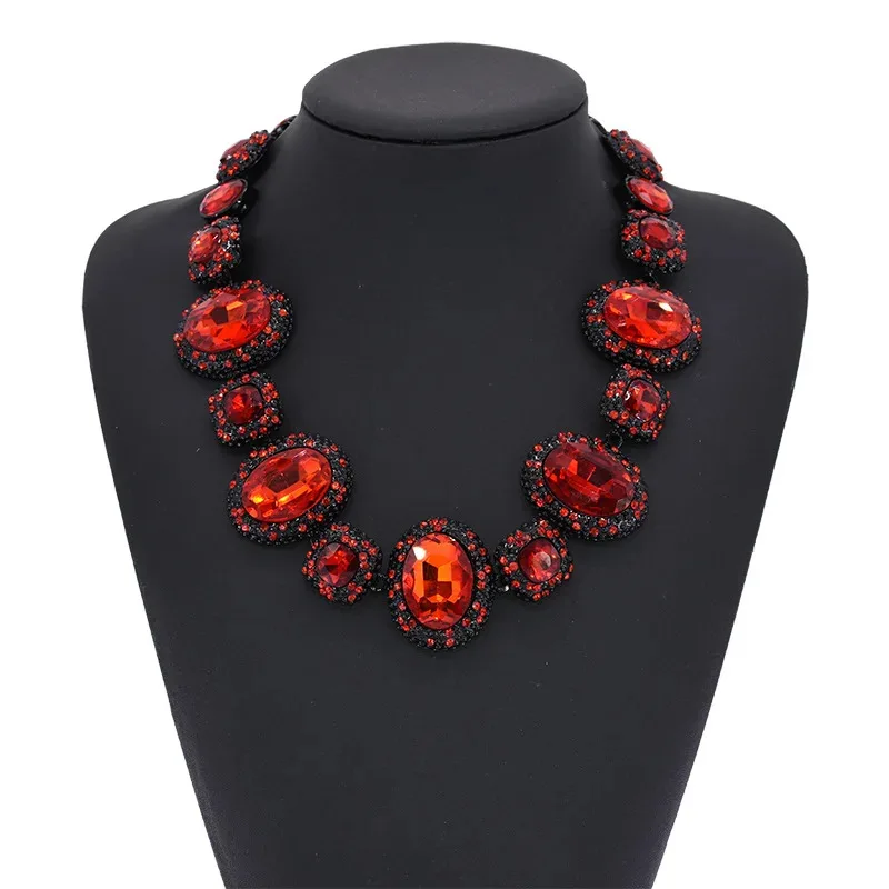 

YISON Fashion Red Big Glass Crystal Gem Large Collar Choker Necklace for Women Indian Ethnic Statement Vintage Jewelry Gift