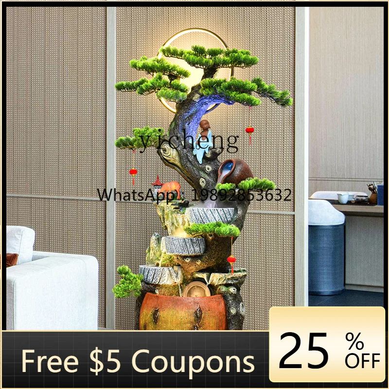 EE  Chinese Feng Shui Wheel Rockery Pastoral Fountain Landscape Lucky Root Carving