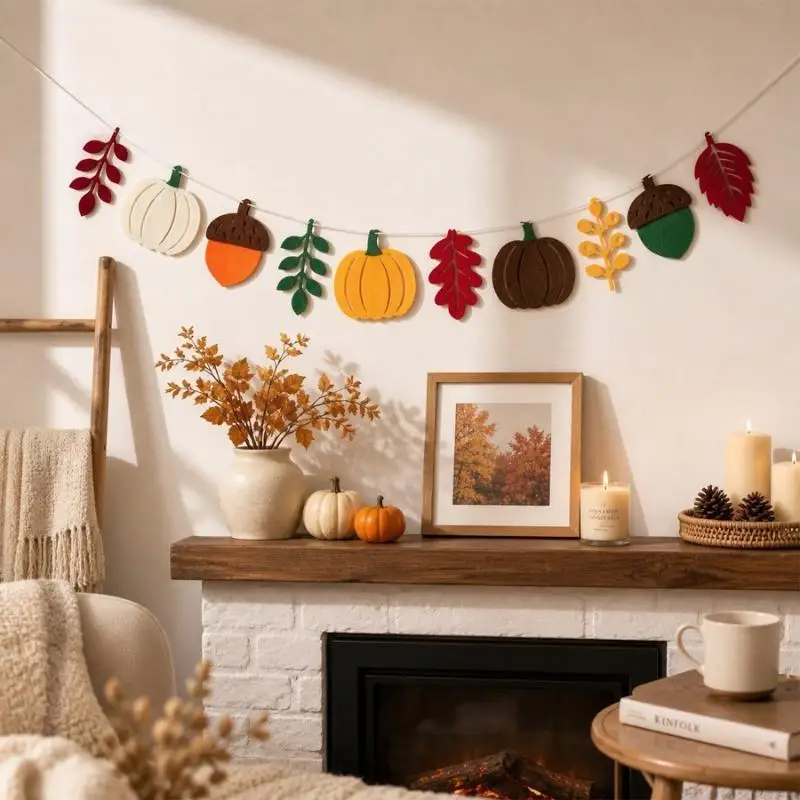 Fall Felt Garland Banner Pumpkin Acorn Leaf Bunting Thanksgiving Harvest Home Mantel Fireplace Wall Hanging Decor