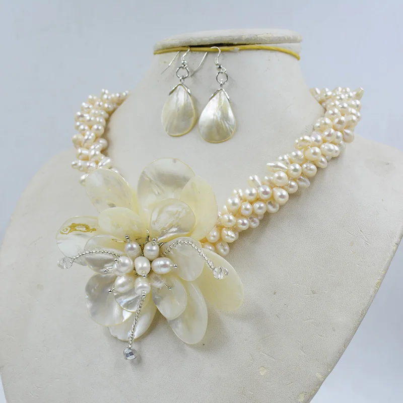 Fashion Stone Holiday Wedding Bridal Handmake Jewelry Freshwater pearl Large Flower Necklace 20\