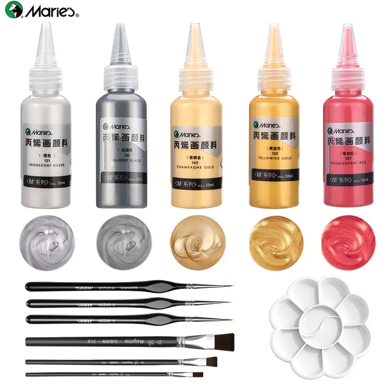 Marie's 5 Basics Colors Metallic Acrylic Pigment Set with 7pcs Detail & Flat Paint Brushes,Palette,50ml/1.69oz for DIY,Furniture