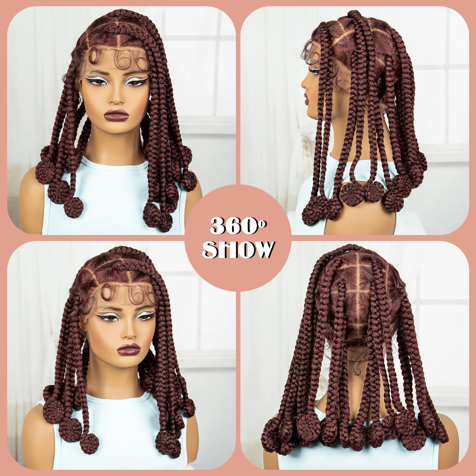 Burgundy 14 Inch Synthetic Bantu Braided Wigs Transparent Full Lace Hair Wigs Knotless Box Braids with Baby Hair for Black Women