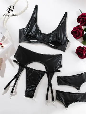 SINGREINY Sexy Leather Lingereie Bra&Briefs Suits Women Solid Strapless Hollow Out Slim Sleepwear Female Sexy Underwear Sets