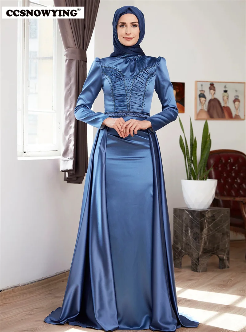 Baeded Dài Tay Hồi Giáo Váy Đầm Dạ Tiếng Ả Rập Dubai Satin Cổ Cao Hijab Hồi Giáo Dạ HộI Dự Tiệc Trang Trọng Áo Choàng Áo Dây De Soiree