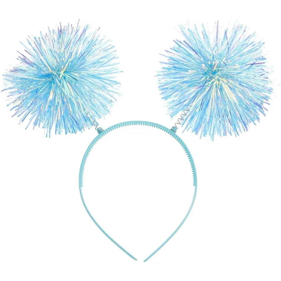 Foil Strips Headband with Pom Pom Fluffy Balls Tinsel Head Bopper Cosplay Hair Accessory for Festive Parties Holiday Events and