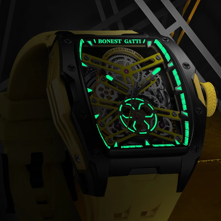 BONEST GATTI Orologio automatico da uomo 46MM Moda Tonneau Orologio da polso meccanico 50M Impermeabile Zaffiro Luminoso Viton Strap Sport