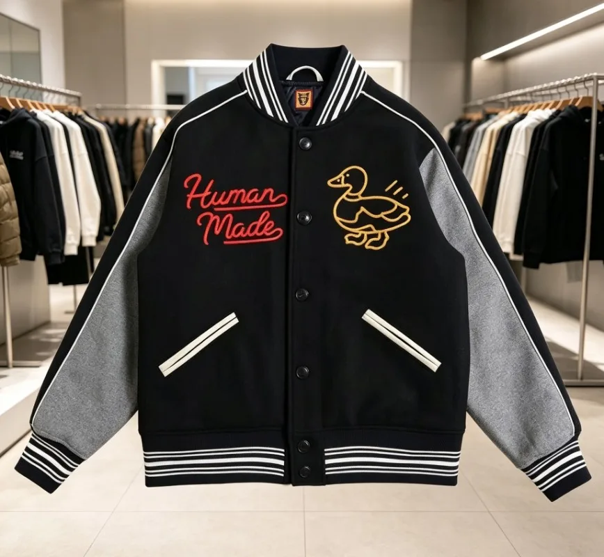 HUMAN MADE Heart Duck Embroidery Varsity Jacket Melton Wool Leather Sleeve Unisex