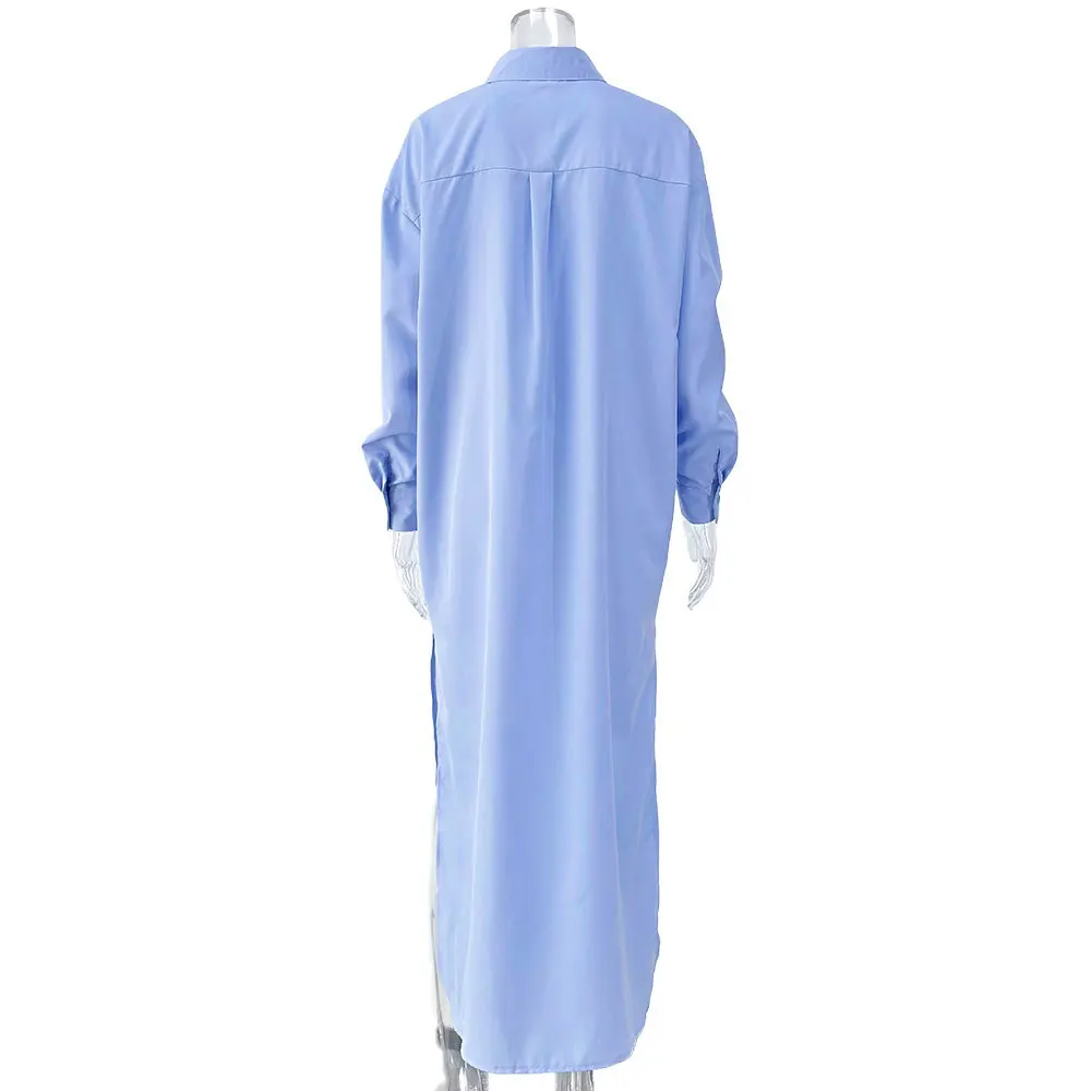 เดรสเชิ้ตผู้หญิงทรงหลวมสไตล์ลำลอง แฟชั่นปี 2025 แขนยาว ความยาวระดับข้อเท้า ดีไซน์เรียบหรู ผ่าข้าง