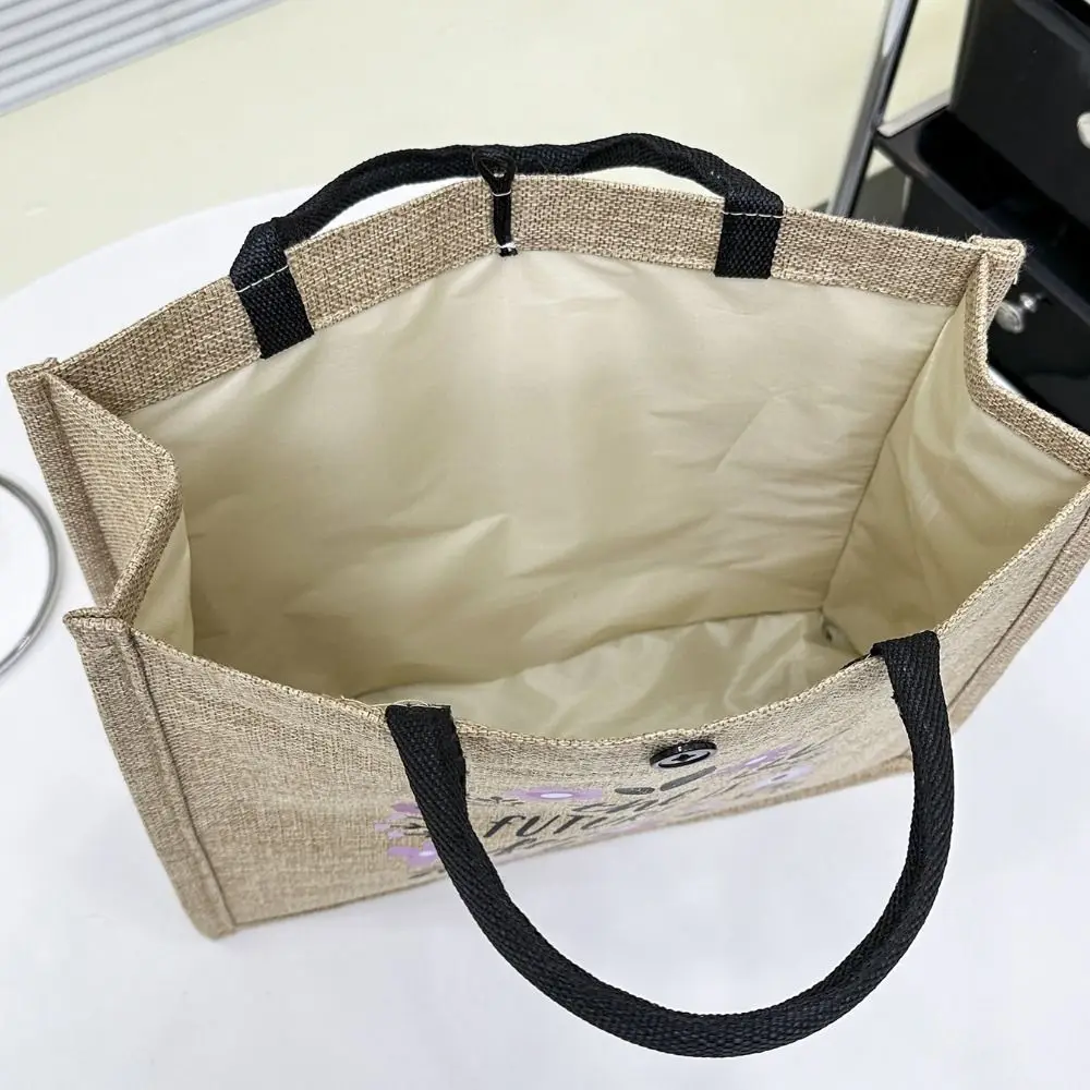 Letter Print Linen Tote Bag Portable Large Capacity Reusable Lunch Bag Top Handle Shopping Bag