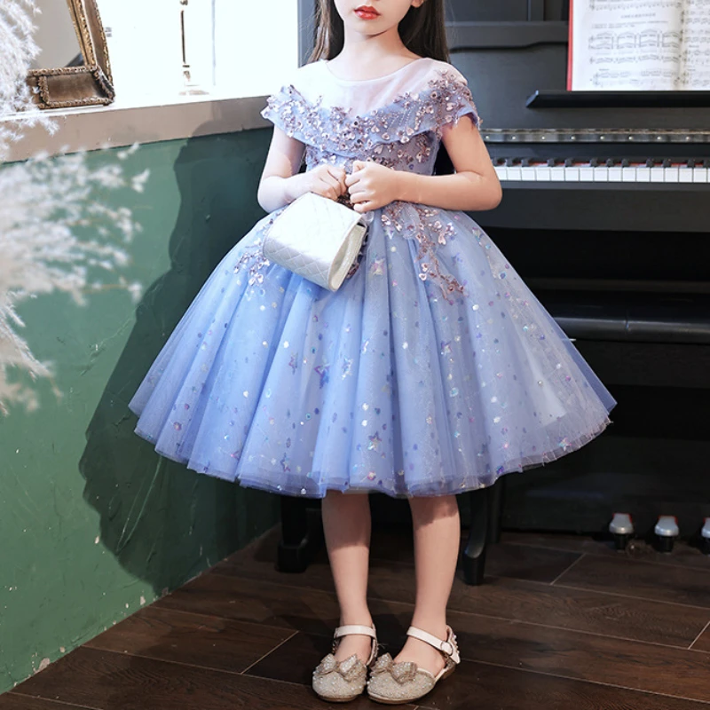 Customized Sequin Temperament Junior Bridesmaid Dresses O-Neck Boat Neck Design Flower Girl Dresses Princss Ball Gown Girl Birth