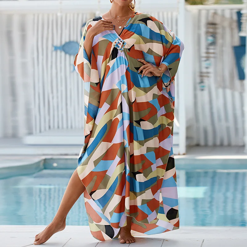 Boho Sexy Women\'s Dress Apring Summer Fashion Cotton Printed Beach Cover Up Vacation Casual Bikini Proof Loose Dresses For Women