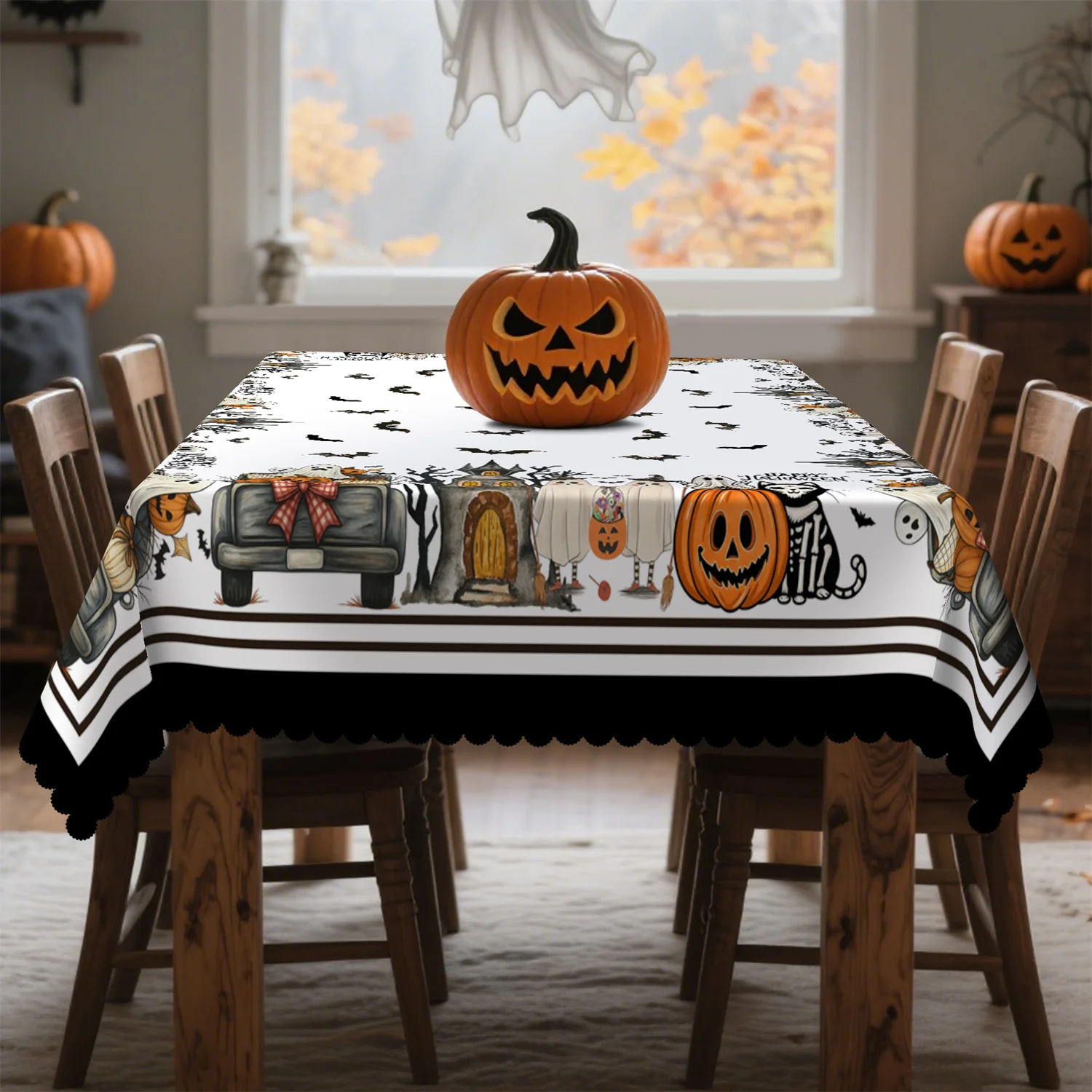 Striped pumpkin ghost cat truck dead tree bat Halloween tablecloth 1 pack.PMJ