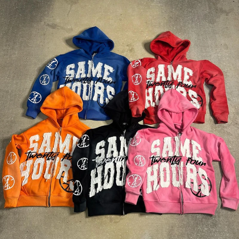 Entrega Rápida: Moletom Pesado com Capuz Estilo Hip-Hop Urbano com Estampa de Letras Y2K e Design de Cardigã, Jaqueta High Street