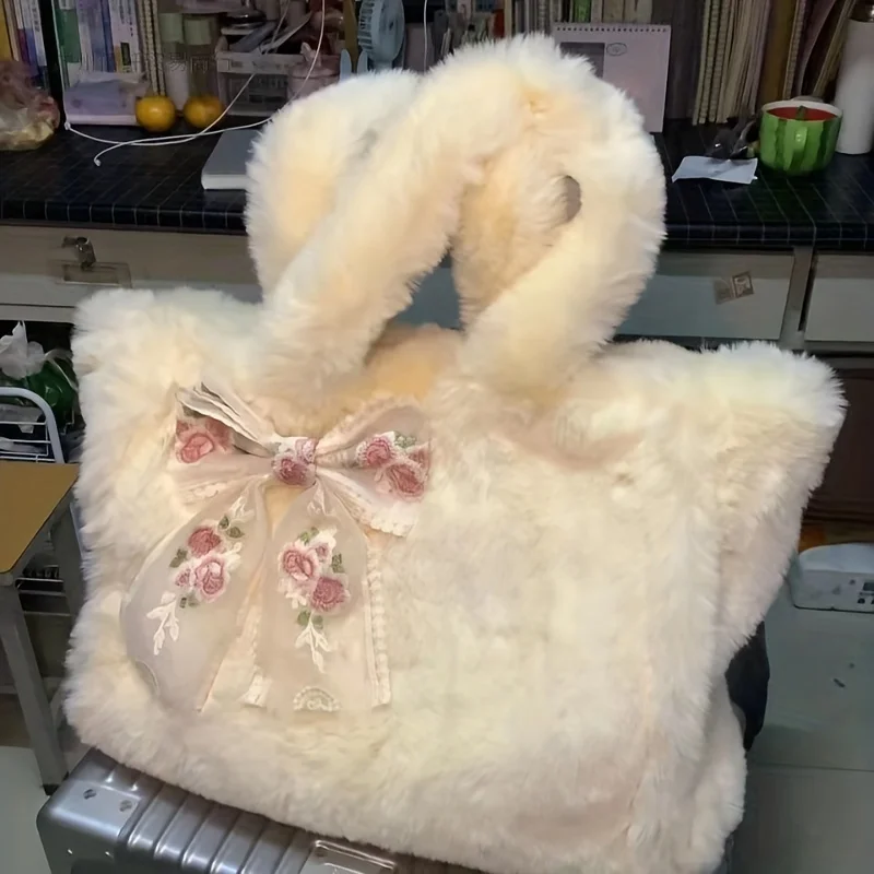 Sac fourre-tout en peluche avec décor de nœud papillon en dentelle, sac à main Lolita moelleux Kawaii, sac à main Cosplay en fausse fourrure, sacoche à la mode, sacs à main, nouveauté, 2024