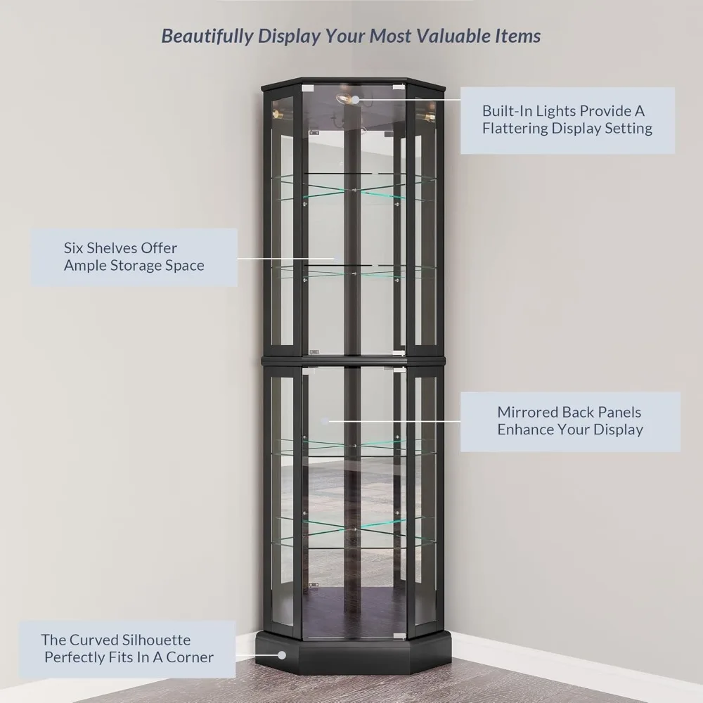 Verlichte 3-zijdige glazen vitrinekast met gebogen houten hoeken, planken van gehard glas en ingebouwde verlichting