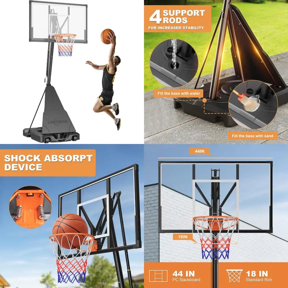 In hoogte verstelbare draagbare basketbalring met 44-inch polycarbonaat bord, bereik van 5,3-10FT, buitenveldspel