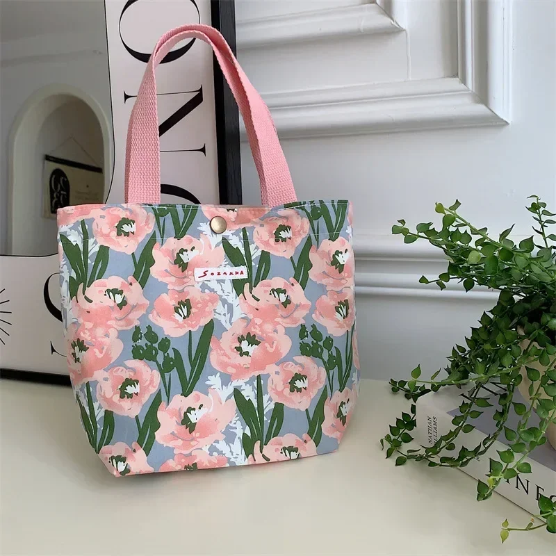 Simple Canvas Shopping Bag Women Shoulder Bags Foldable Picnic Pouch Small Tote Shopper  Student Lunch Box Pouch Case