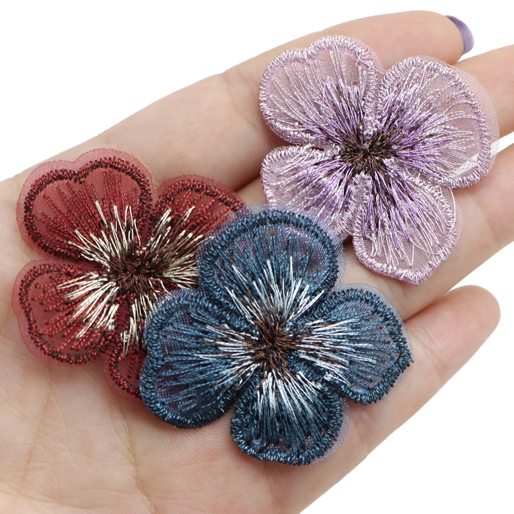 Mesh Embroidery Flower Accessories Solid Color Lace Gauze Floral 10pcs for DIY Bows Center Clothes Patch Decorations